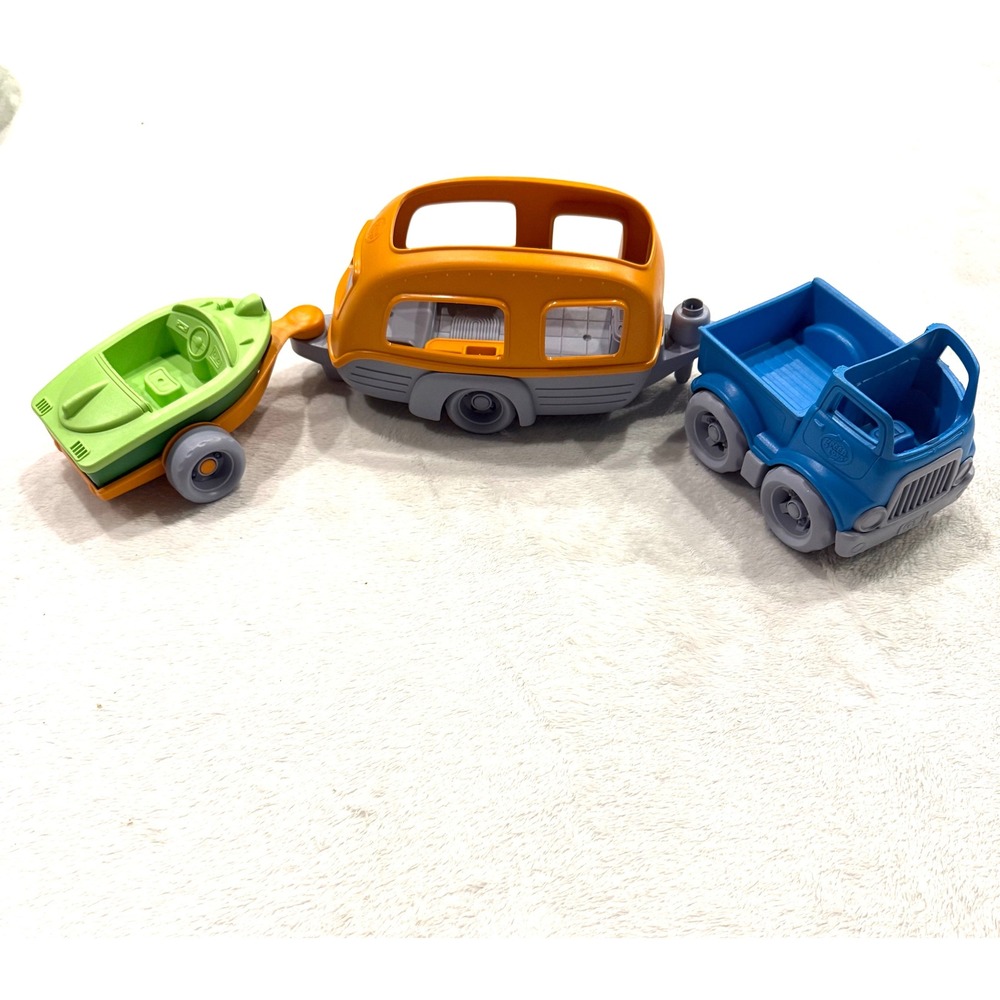 Green Toys RV Camper Set Recycled Plastic Truck Trailer Boat 3pc Blue Orange